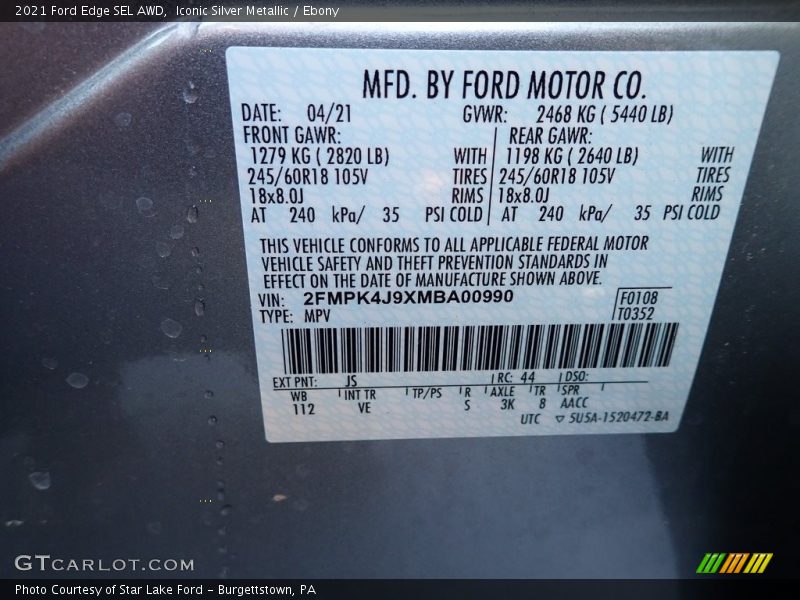 2021 Edge SEL AWD Iconic Silver Metallic Color Code JS