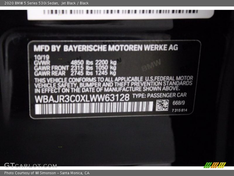 Jet Black / Black 2020 BMW 5 Series 530i Sedan