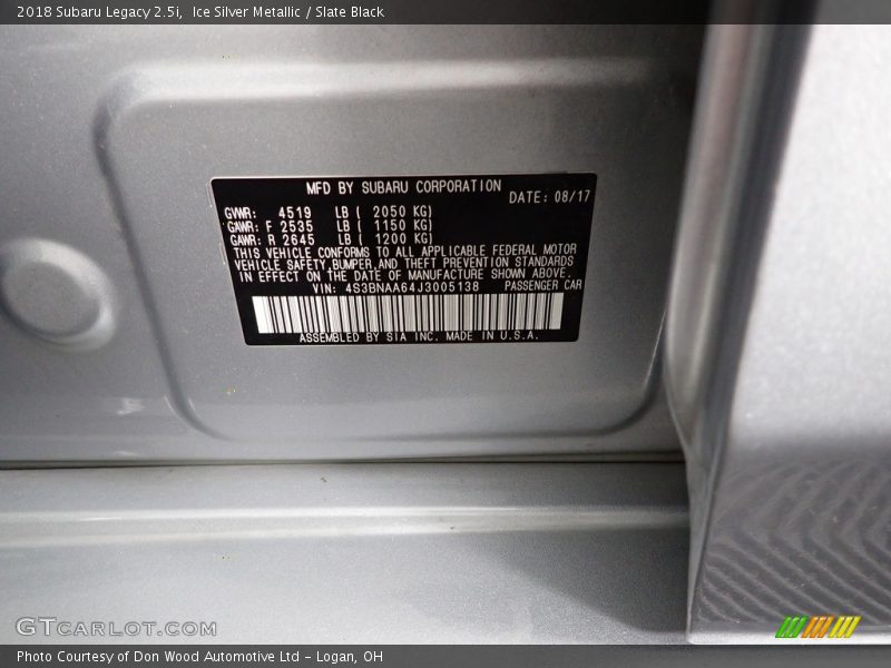 Ice Silver Metallic / Slate Black 2018 Subaru Legacy 2.5i