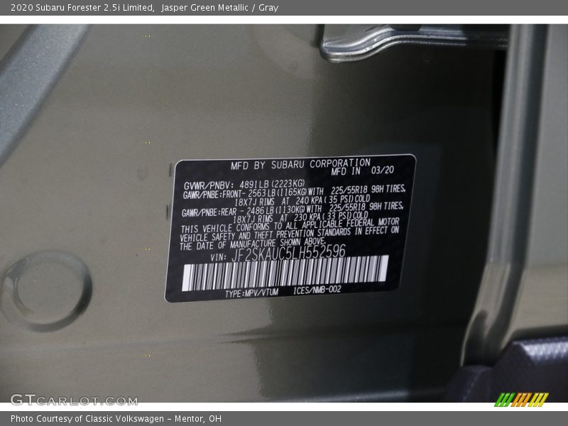Jasper Green Metallic / Gray 2020 Subaru Forester 2.5i Limited