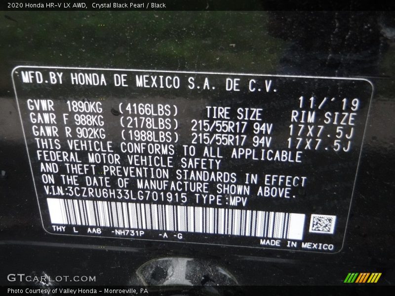 Crystal Black Pearl / Black 2020 Honda HR-V LX AWD