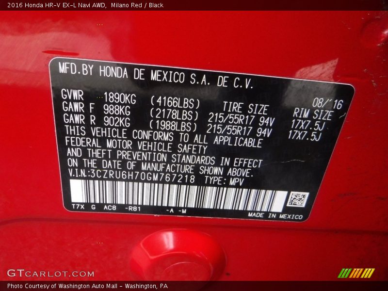 Milano Red / Black 2016 Honda HR-V EX-L Navi AWD