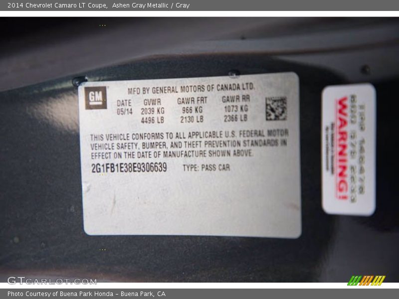 Ashen Gray Metallic / Gray 2014 Chevrolet Camaro LT Coupe