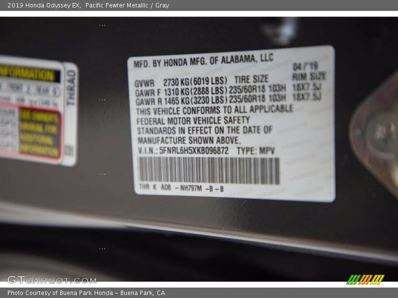 Pacific Pewter Metallic / Gray 2019 Honda Odyssey EX