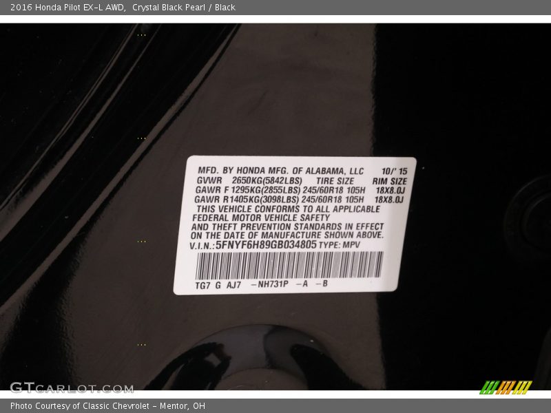 2016 Pilot EX-L AWD Crystal Black Pearl Color Code NH731P