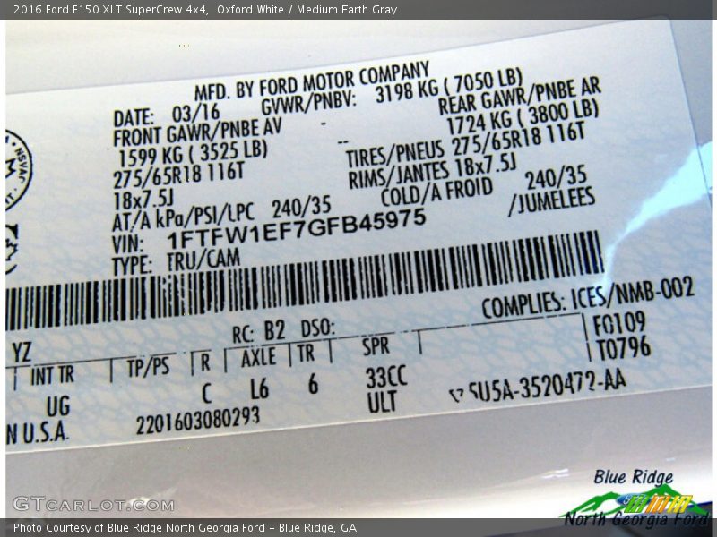 Oxford White / Medium Earth Gray 2016 Ford F150 XLT SuperCrew 4x4