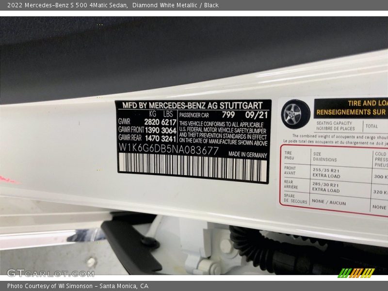 2022 S 500 4Matic Sedan Diamond White Metallic Color Code 799