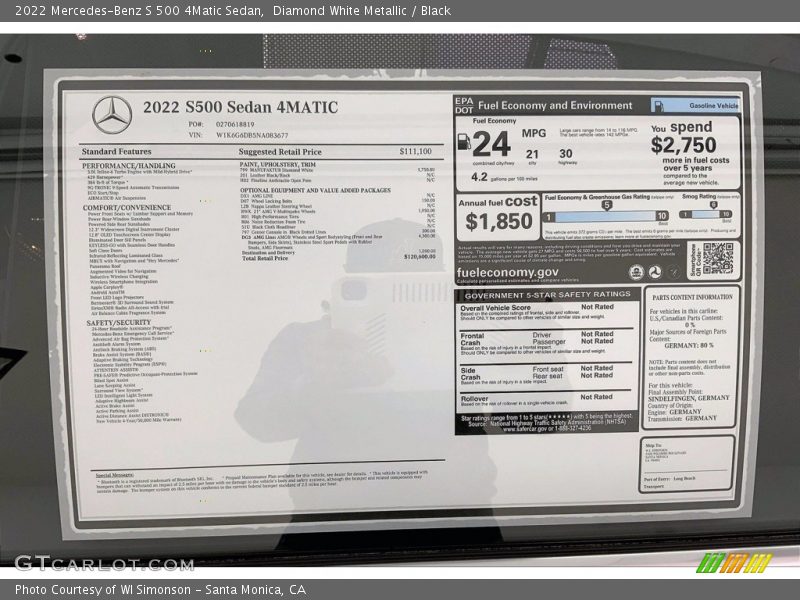  2022 S 500 4Matic Sedan Window Sticker