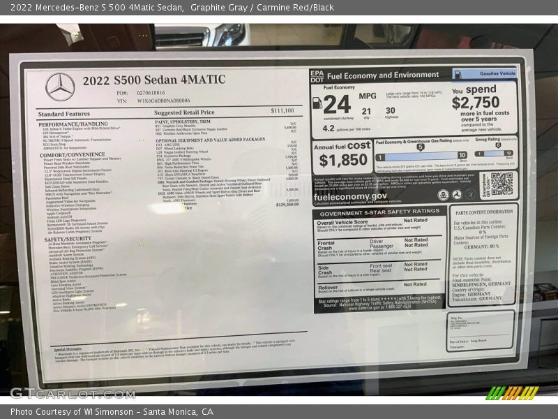  2022 S 500 4Matic Sedan Window Sticker