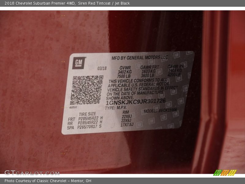 Siren Red Tintcoat / Jet Black 2018 Chevrolet Suburban Premier 4WD