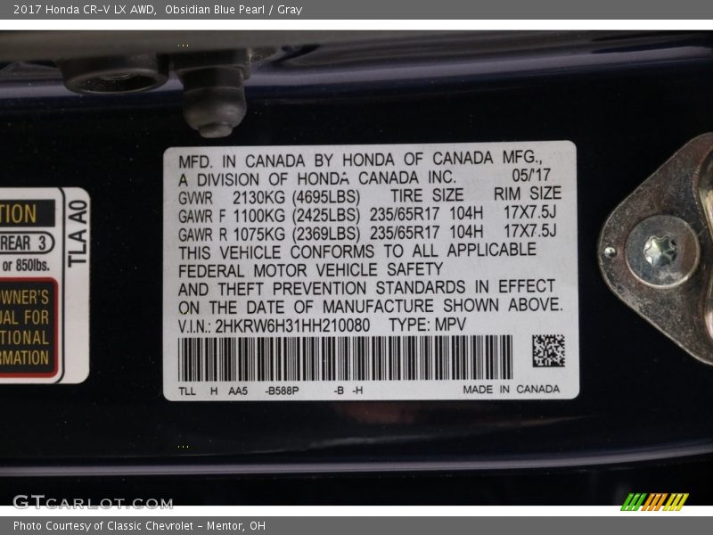 Obsidian Blue Pearl / Gray 2017 Honda CR-V LX AWD