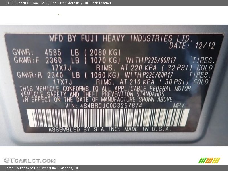 Ice Silver Metallic / Off Black Leather 2013 Subaru Outback 2.5i