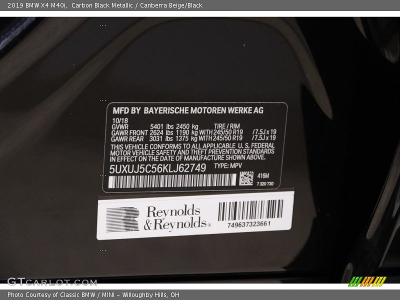 Carbon Black Metallic / Canberra Beige/Black 2019 BMW X4 M40i