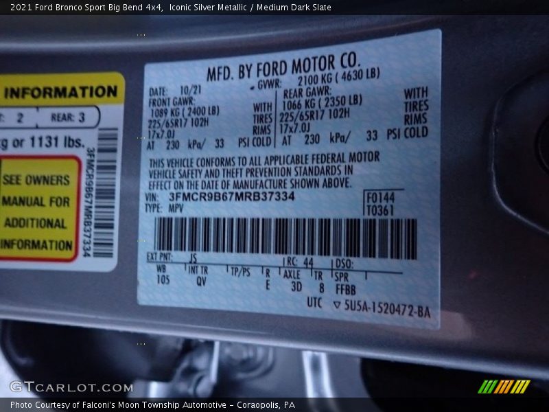 Iconic Silver Metallic / Medium Dark Slate 2021 Ford Bronco Sport Big Bend 4x4