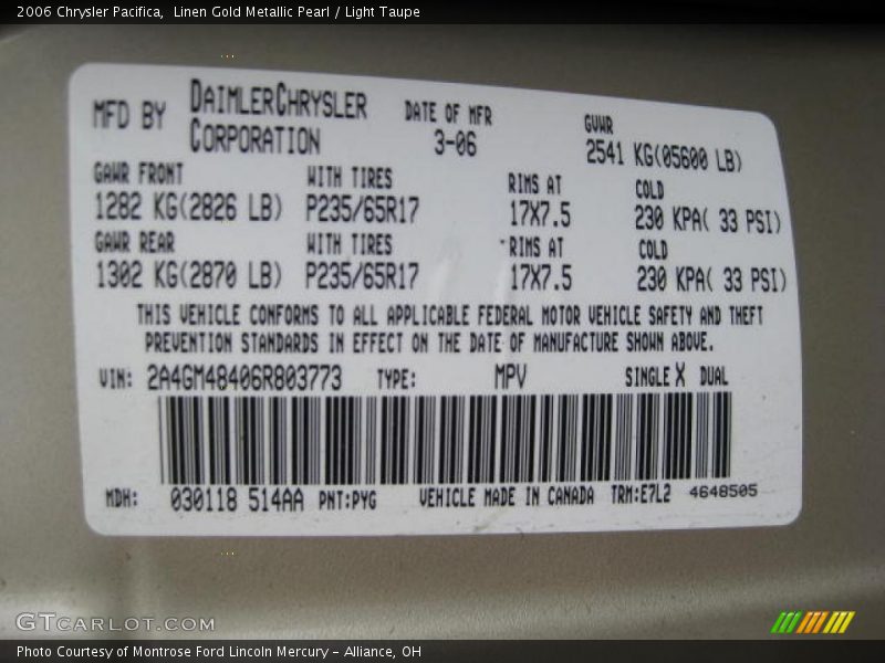 Linen Gold Metallic Pearl / Light Taupe 2006 Chrysler Pacifica