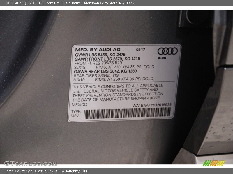 Monsoon Gray Metallic / Black 2018 Audi Q5 2.0 TFSI Premium Plus quattro