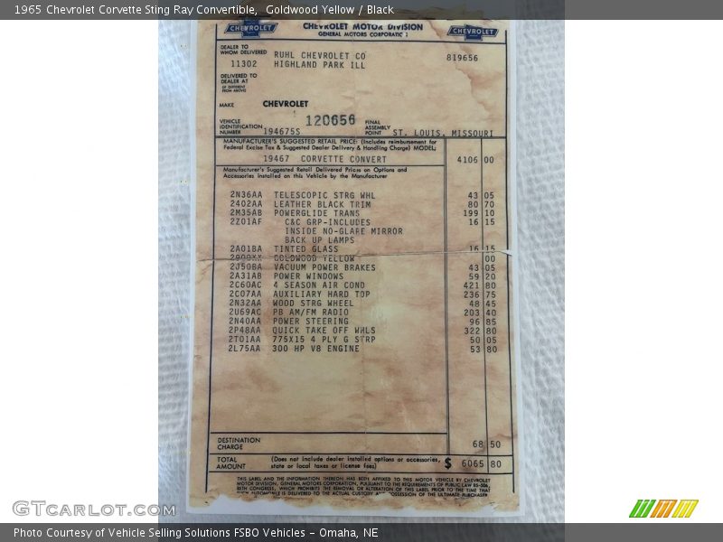  1965 Corvette Sting Ray Convertible Window Sticker