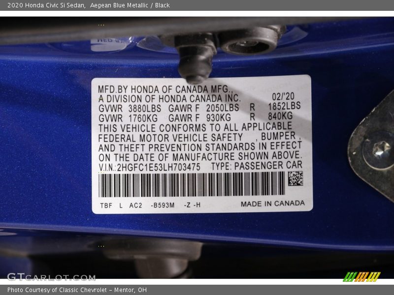 2020 Civic Si Sedan Aegean Blue Metallic Color Code B593M