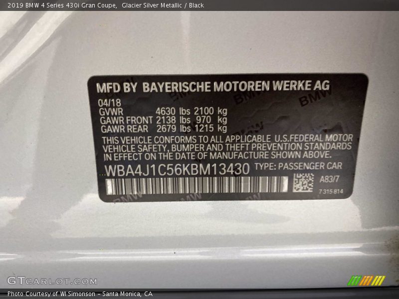Glacier Silver Metallic / Black 2019 BMW 4 Series 430i Gran Coupe