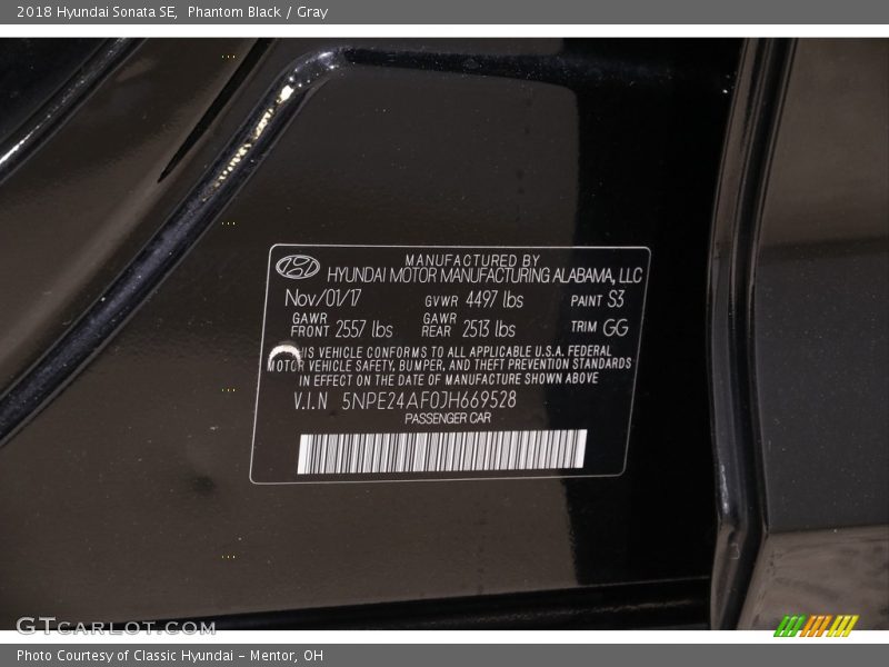 Phantom Black / Gray 2018 Hyundai Sonata SE