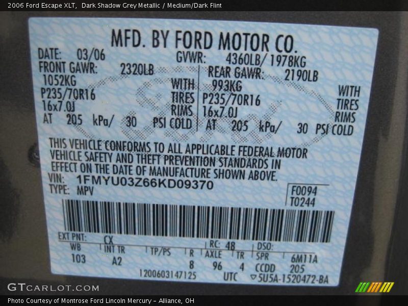 Dark Shadow Grey Metallic / Medium/Dark Flint 2006 Ford Escape XLT