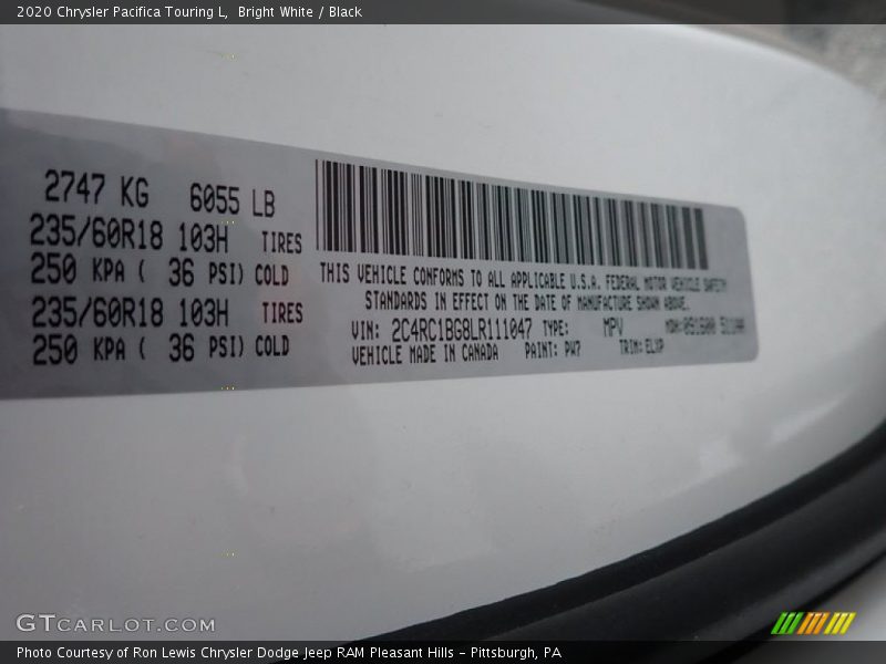 Bright White / Black 2020 Chrysler Pacifica Touring L