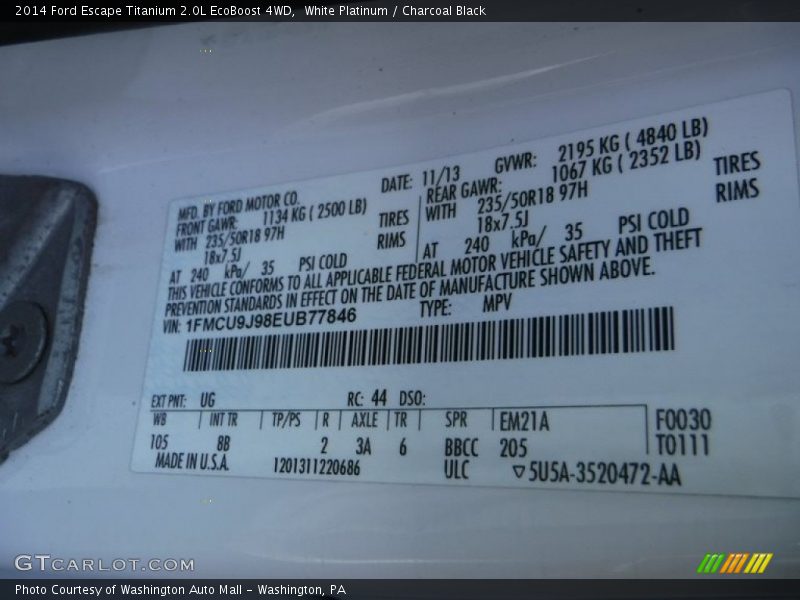 White Platinum / Charcoal Black 2014 Ford Escape Titanium 2.0L EcoBoost 4WD