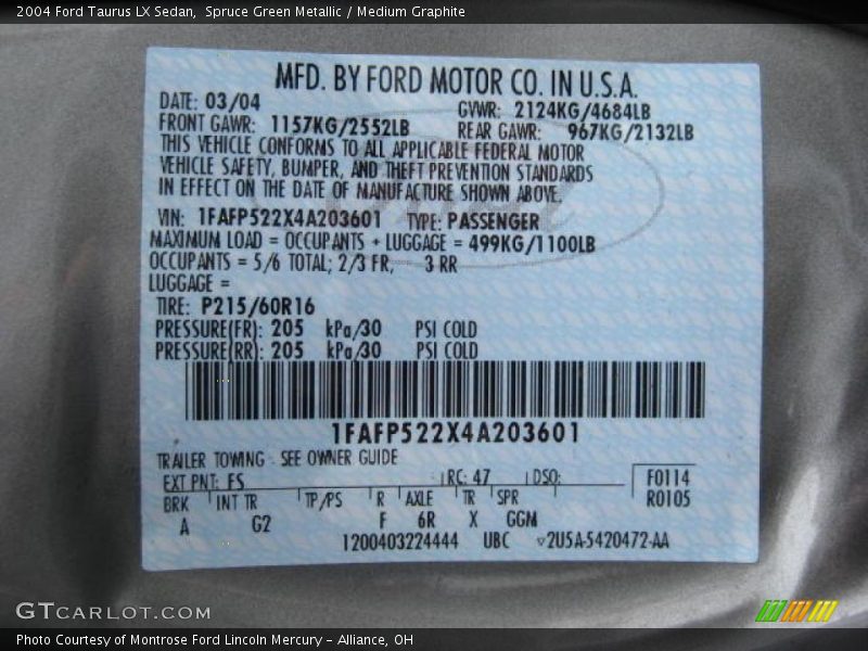 Spruce Green Metallic / Medium Graphite 2004 Ford Taurus LX Sedan