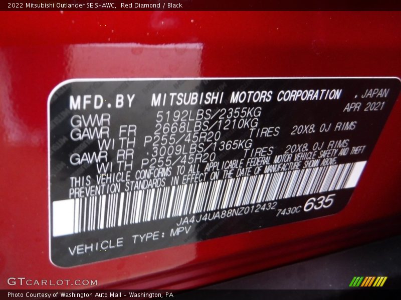 Red Diamond / Black 2022 Mitsubishi Outlander SE S-AWC