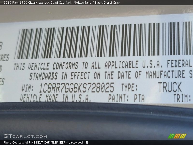 2019 1500 Classic Warlock Quad Cab 4x4 Mojave Sand Color Code PTA