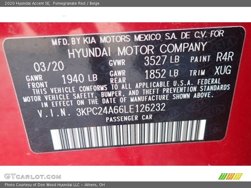 Pomegranate Red / Beige 2020 Hyundai Accent SE