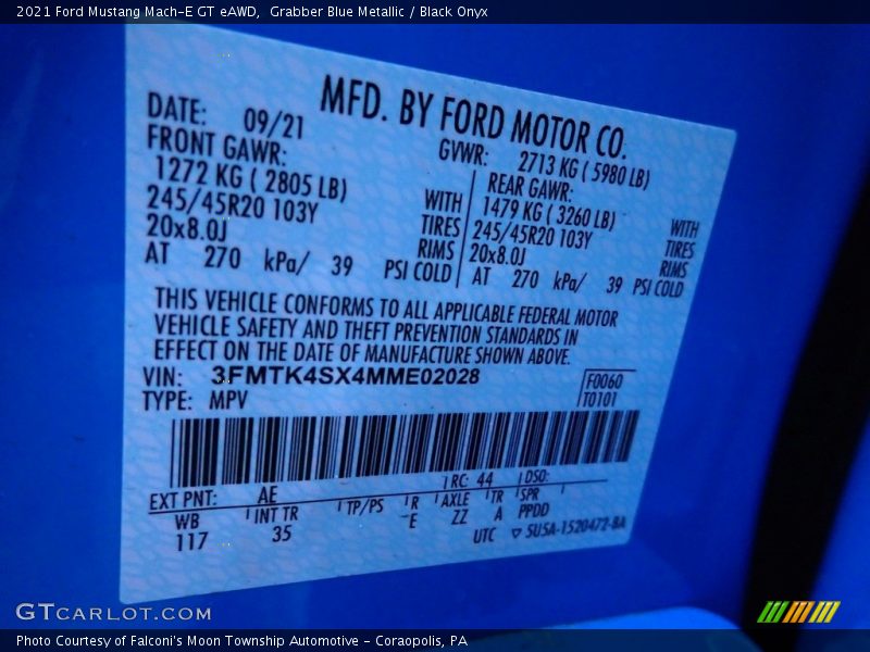 2021 Mustang Mach-E GT eAWD Grabber Blue Metallic Color Code AE