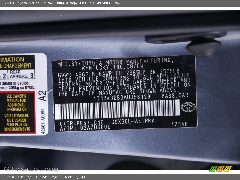 Blue Mirage Metallic / Graphite Gray 2010 Toyota Avalon Limited