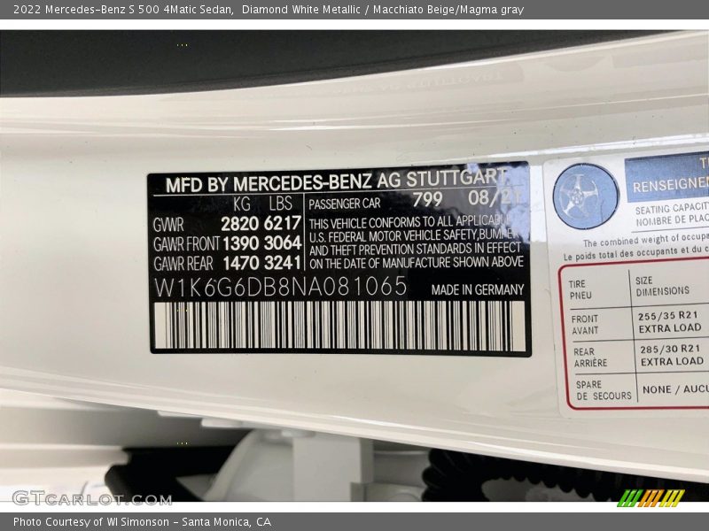 2022 S 500 4Matic Sedan Diamond White Metallic Color Code 799