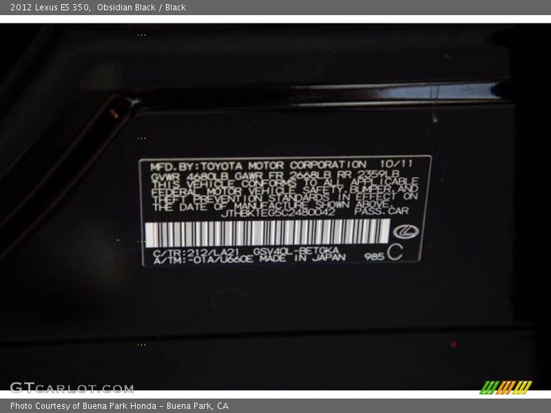Obsidian Black / Black 2012 Lexus ES 350