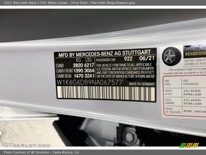 2022 S 500 4Matic Sedan Cirrus Silver Color Code 992