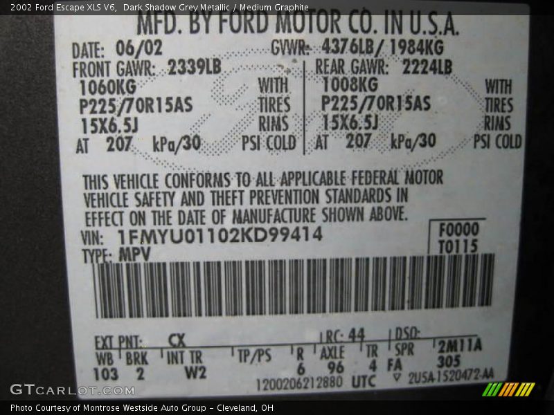 Dark Shadow Grey Metallic / Medium Graphite 2002 Ford Escape XLS V6