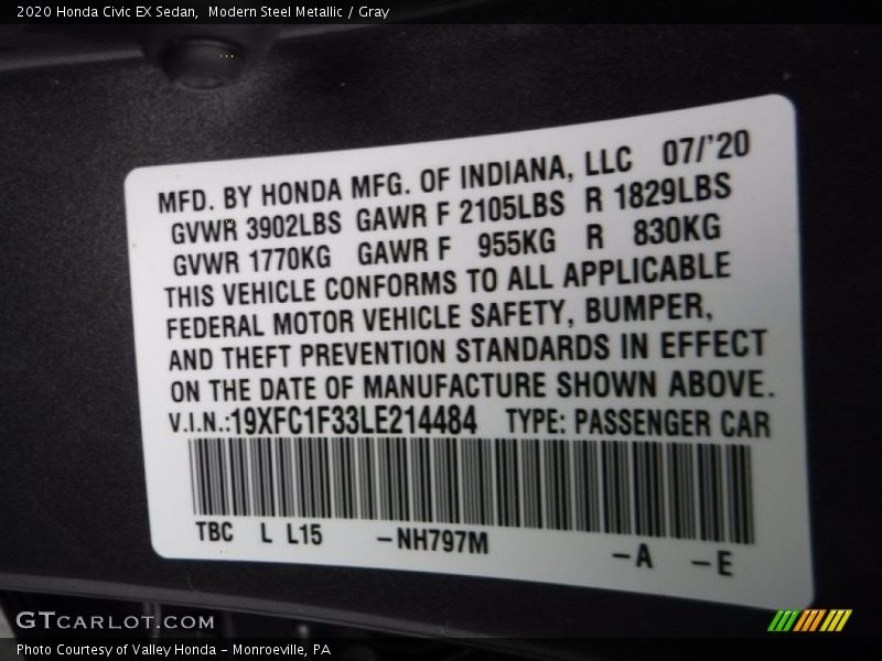 Modern Steel Metallic / Gray 2020 Honda Civic EX Sedan