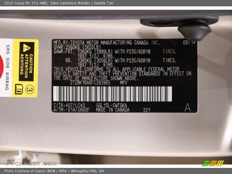 Satin Cashmere Metallic / Saddle Tan 2015 Lexus RX 350 AWD