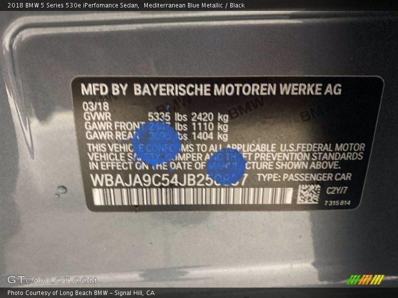 Mediterranean Blue Metallic / Black 2018 BMW 5 Series 530e iPerfomance Sedan