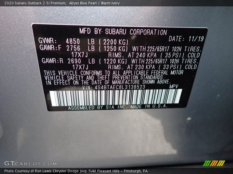 Abyss Blue Pearl / Warm Ivory 2020 Subaru Outback 2.5i Premium