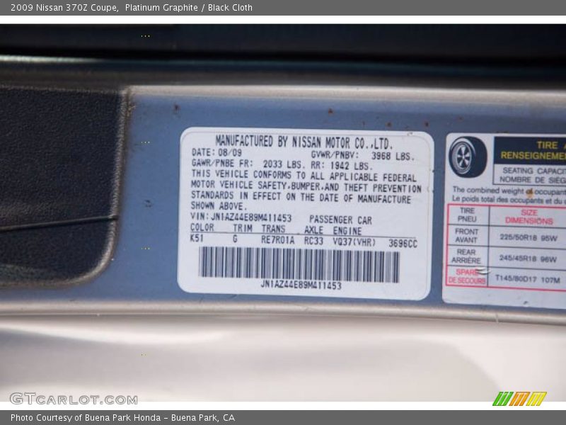Platinum Graphite / Black Cloth 2009 Nissan 370Z Coupe