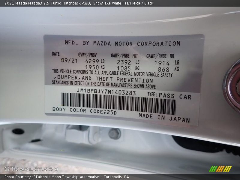 Snowflake White Pearl Mica / Black 2021 Mazda Mazda3 2.5 Turbo Hatchback AWD