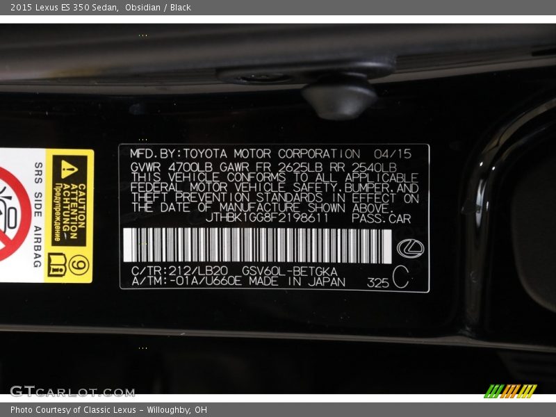 2015 ES 350 Sedan Obsidian Color Code 212