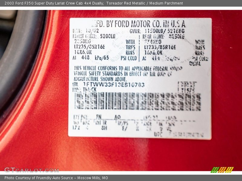 2003 F350 Super Duty Lariat Crew Cab 4x4 Dually Toreador Red Metallic Color Code FN