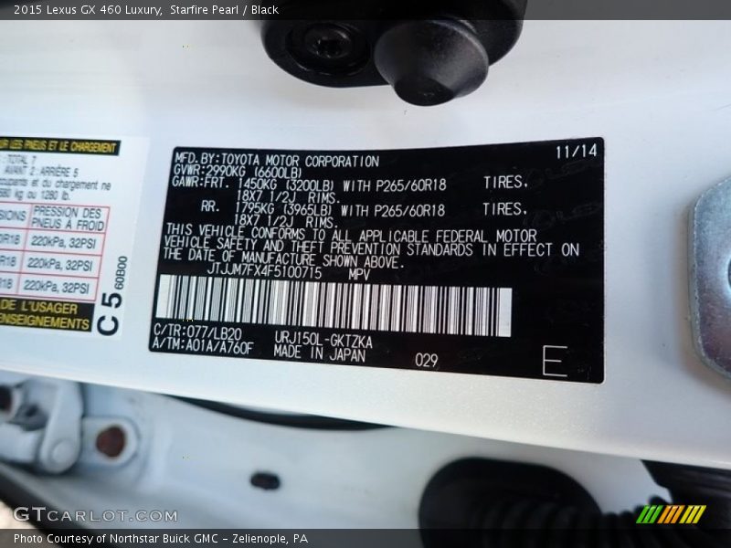 2015 GX 460 Luxury Starfire Pearl Color Code 077