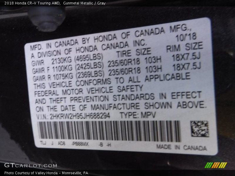 2018 CR-V Touring AWD Gunmetal Metallic Color Code PB88MX