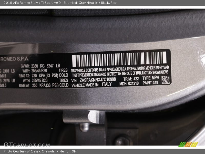 Stromboli Gray Metallic / Black/Red 2018 Alfa Romeo Stelvio Ti Sport AWD