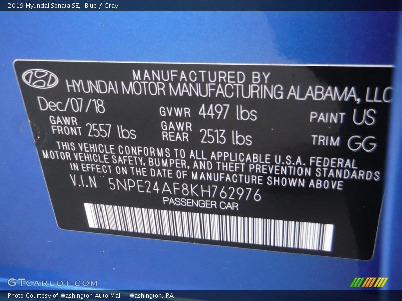 Blue / Gray 2019 Hyundai Sonata SE