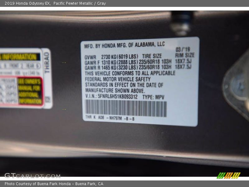 Pacific Pewter Metallic / Gray 2019 Honda Odyssey EX